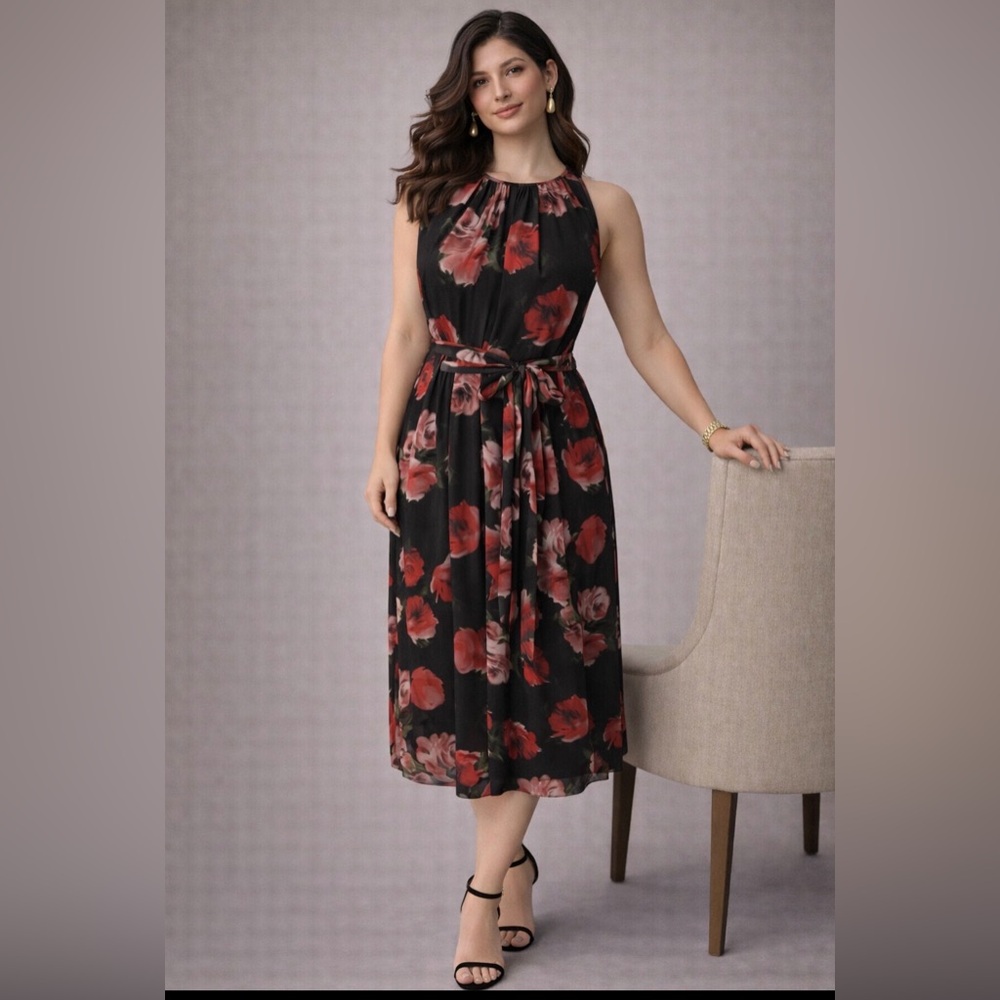 Tahari Levine Midi Dress 12 Red Plum Pink Black Floral Career Party